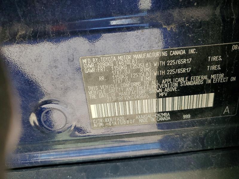 2019 Toyota Rav4 მანქანა იყიდება აუქციონზე, vin: 2T3P1RFV2KC045685, აუქციონის ნომერი: 54590916