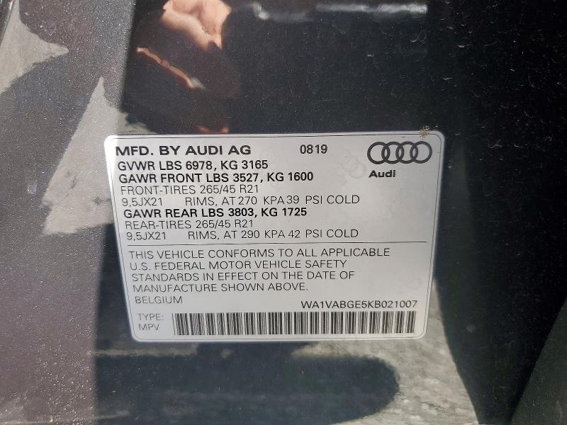 2019 Audi E-tron მანქანა იყიდება აუქციონზე, vin: WA1VABGE5KB021007, აუქციონის ნომერი: 52238636