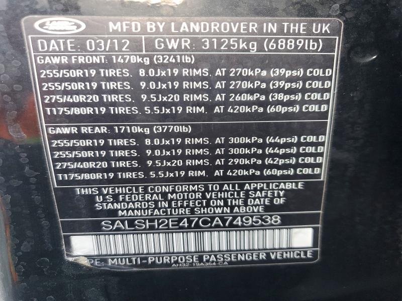 Aukcja sprzedaży 2012 Land Rover Range Rover Sport, vin: SALSH2E47CA749538, numer aukcji: 53805056