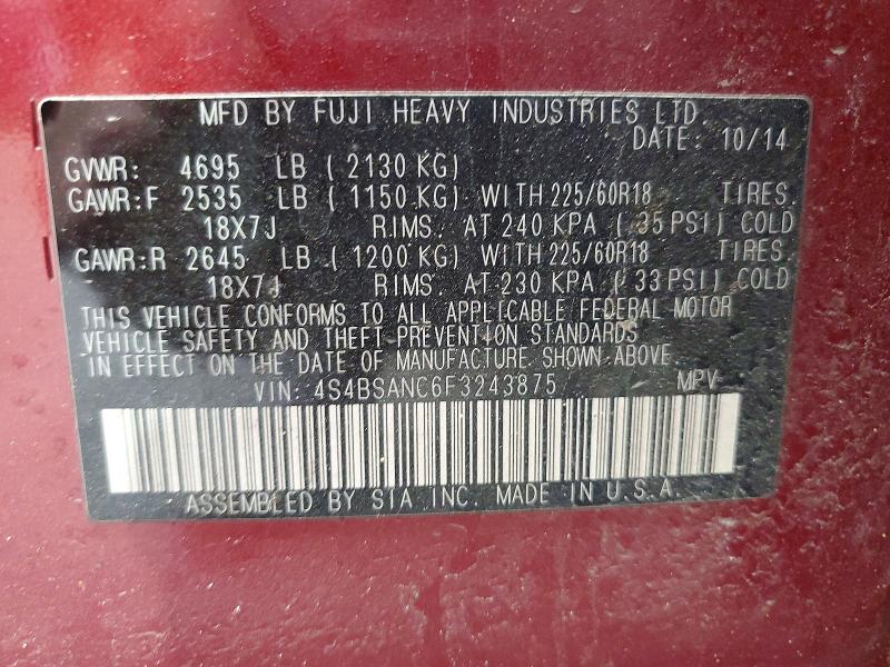 Продажа на аукционе авто 2015 Subaru Outback, vin: 4S4BSANC6F3243875, номер лота: 55207816