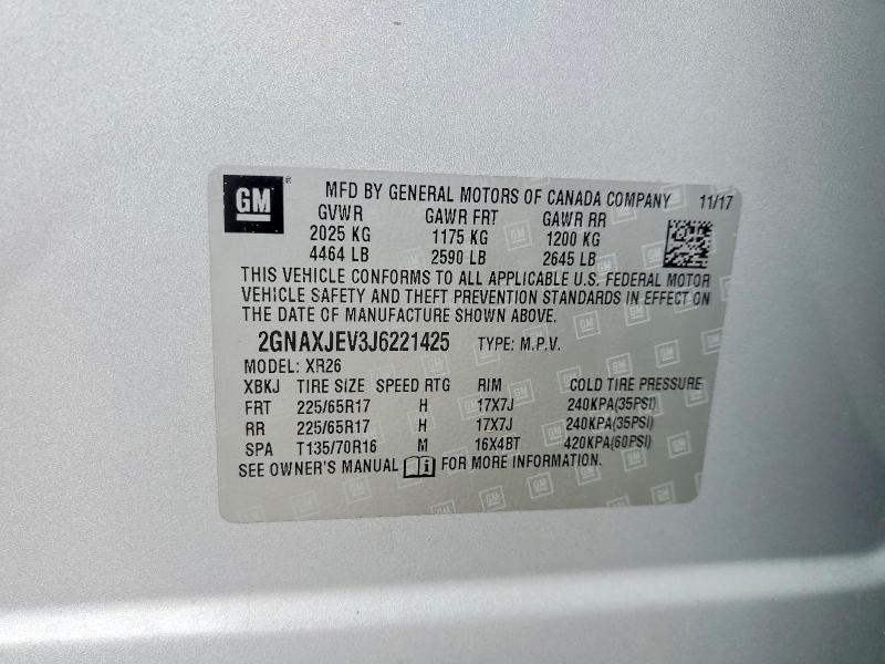 Aukcja sprzedaży 2018 Chevrolet Equinox, vin: 2GNAXJEV3J6221425, numer aukcji: 52565576