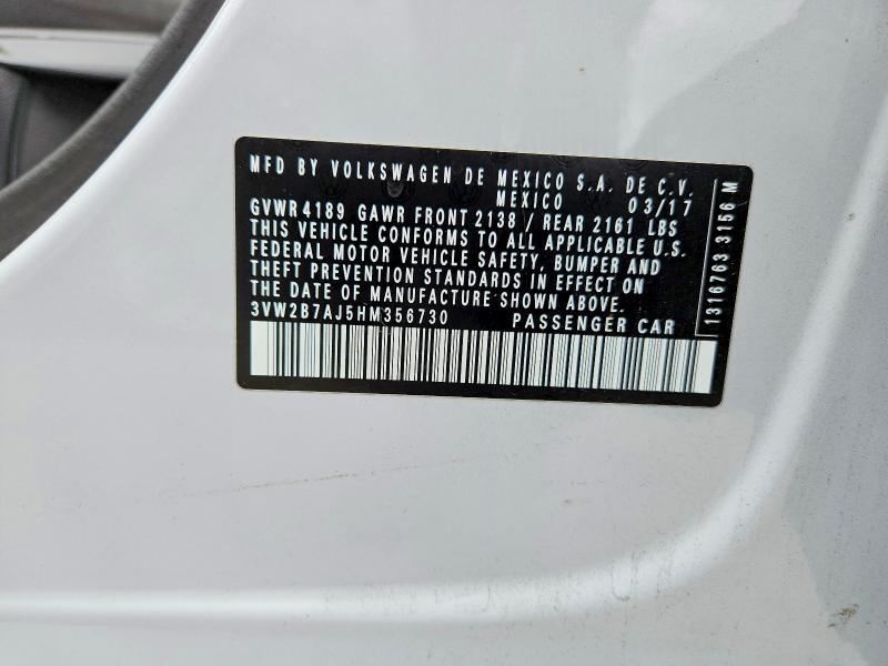52197576 :رقم المزاد ، 3VW2B7AJ5HM356730 vin ، 2017 Volkswagen Jetta مزاد بيع