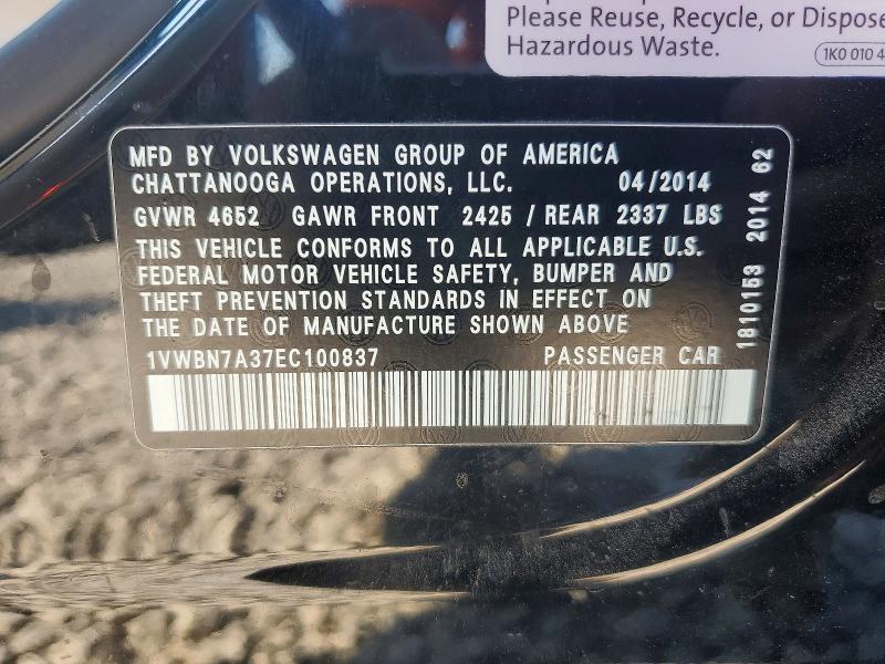 52331026 :رقم المزاد ، 1VWBN7A37EC100837 vin ، 2014 Volkswagen Passat مزاد بيع