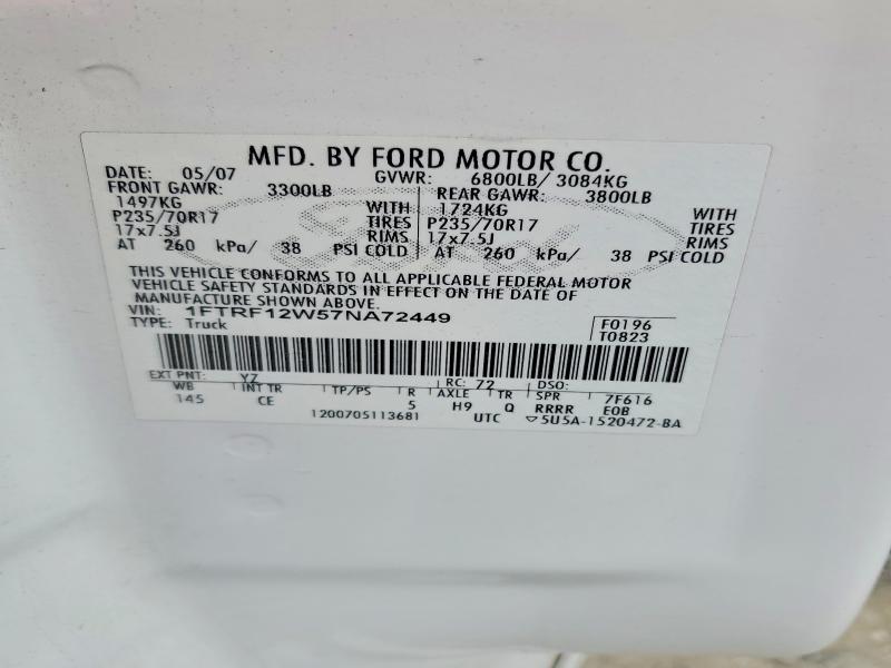 Продаж на аукціоні авто 2007 Ford F150, vin: 1FTRF12W57NA72449, номер лоту: 52252556