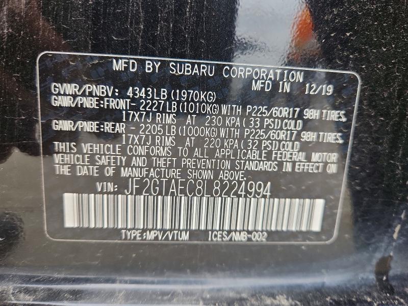 54291886 :رقم المزاد ، JF2GTAEC8L8224994 vin ، 2020 Subaru Crosstrek مزاد بيع