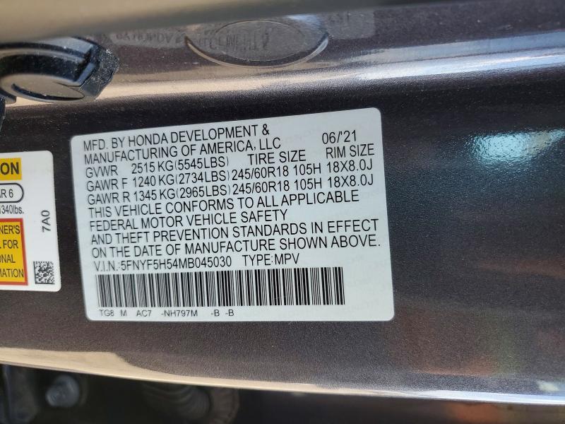 54643076 :رقم المزاد ، 5FNYF5H54MB045030 vin ، 2021 Honda Pilot مزاد بيع