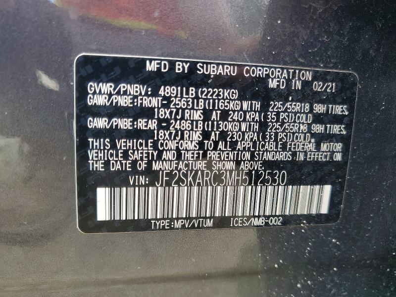 2021 Subaru Forester მანქანა იყიდება აუქციონზე, vin: JF2SKARC3MH512530, აუქციონის ნომერი: 53455096