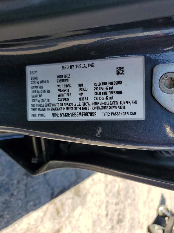 Продаж на аукціоні авто 2021 Tesla Model 3, vin: 5YJ3E1EB9MF997859, номер лоту: 52720706