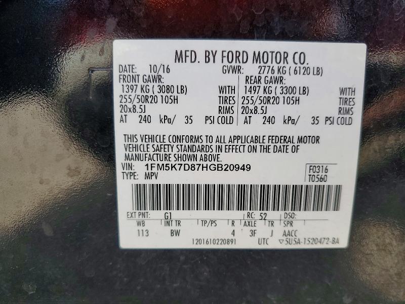 Aukcja sprzedaży 2017 Ford Explorer, vin: 1FM5K7D87HGB20949, numer aukcji: 52881906