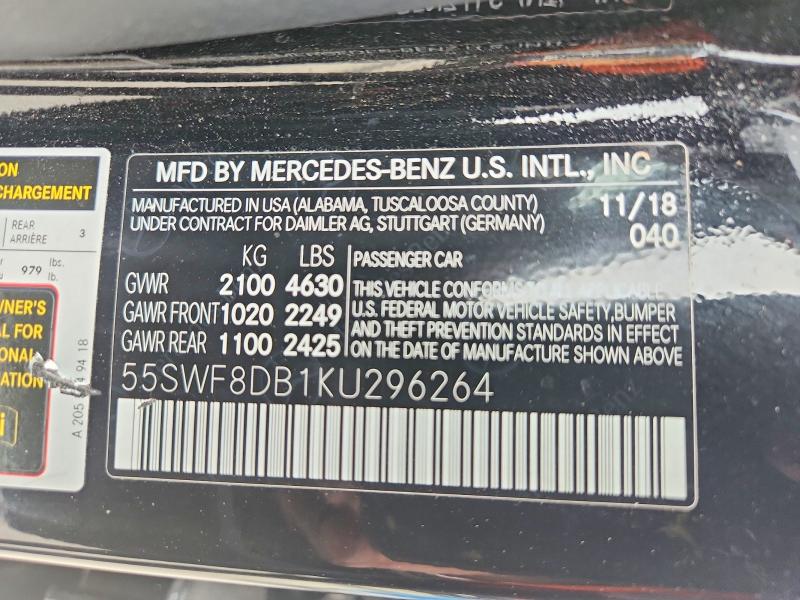 2019 Mercedes-benz C მანქანა იყიდება აუქციონზე, vin: 55SWF8DB1KU296264, აუქციონის ნომერი: 52965906
