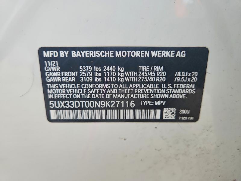 55208706 :رقم المزاد ، 5UX33DT00N9K27116 vin ، 2022 Bmw X4 مزاد بيع