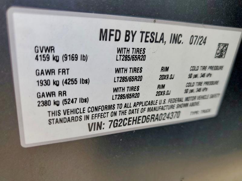 2024 Tesla Cybertruck მანქანა იყიდება აუქციონზე, vin: 7G2CEHED6RA024370, აუქციონის ნომერი: 54001776