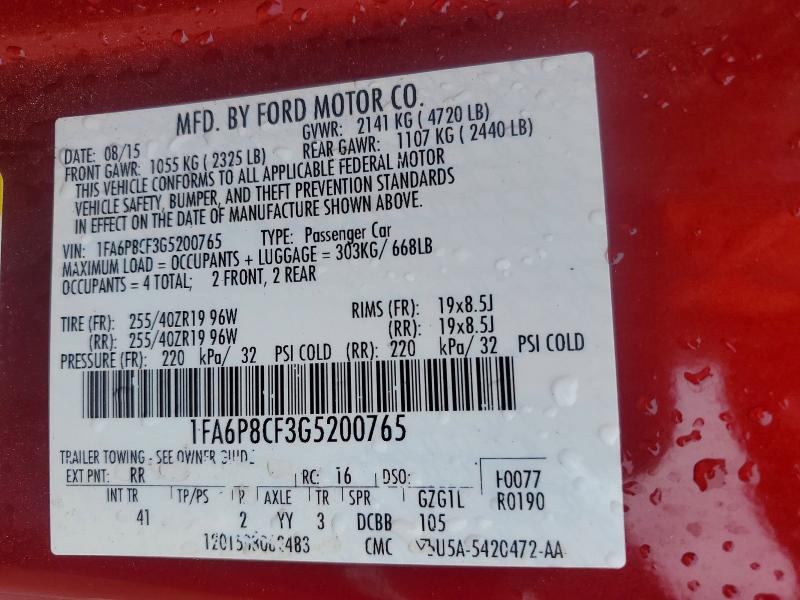 2016 Ford Mustang მანქანა იყიდება აუქციონზე, vin: 1FA6P8CF3G5200765, აუქციონის ნომერი: 54622326