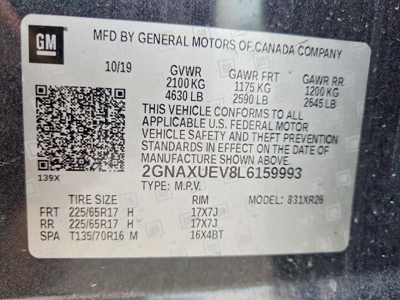 Продажа на аукционе авто 2020 Chevrolet Equinox, vin: 2GNAXUEV8L6159993, номер лота: 53036286