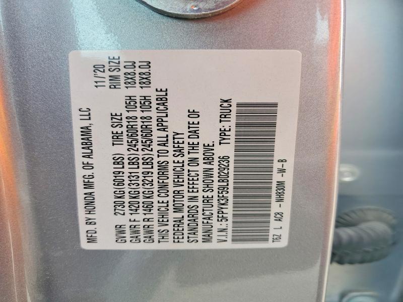 Auction sale of the 2020 Honda Ridgeline, vin: 5FPYK3F59LB029236, lot number: 53412556