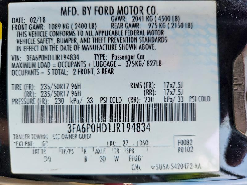 Продажа на аукционе авто 2018 Ford Fusion, vin: 3FA6P0HD1JR194834, номер лота: 53773156