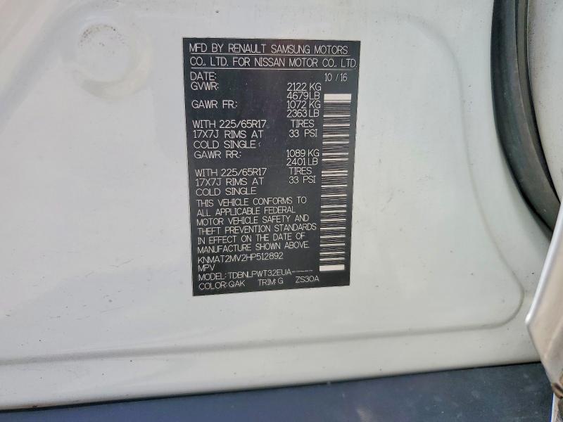 2017 Nissan Rogue მანქანა იყიდება აუქციონზე, vin: KNMAT2MV2HP512892, აუქციონის ნომერი: 51881746