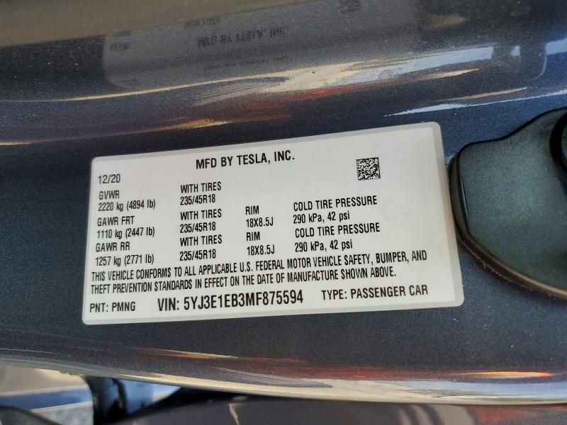 Aukcja sprzedaży 2021 Tesla Model 3, vin: 5YJ3E1EB3MF875594, numer aukcji: 53775876