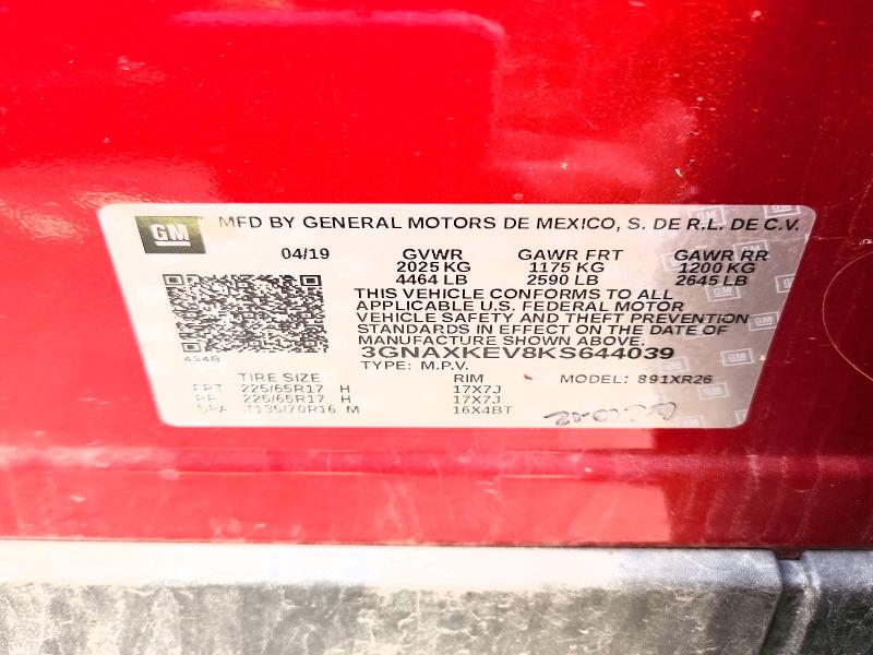 52816566 :رقم المزاد ، 3GNAXKEV8KS644039 vin ، 2019 Chevrolet Equinox مزاد بيع