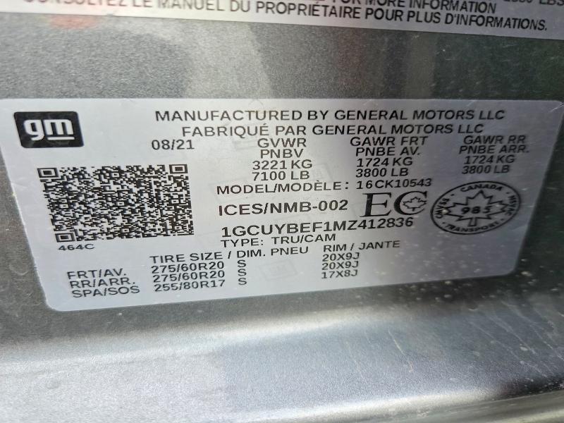 Продажа на аукционе авто 2021 Chevrolet Silverado, vin: 1GCUYBEF1MZ412836, номер лота: 54206066