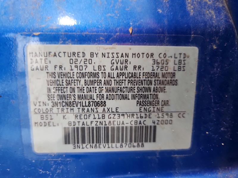 52321856 :رقم المزاد ، 3N1CN8EV1LL870688 vin ، 2020 Nissan Versa مزاد بيع
