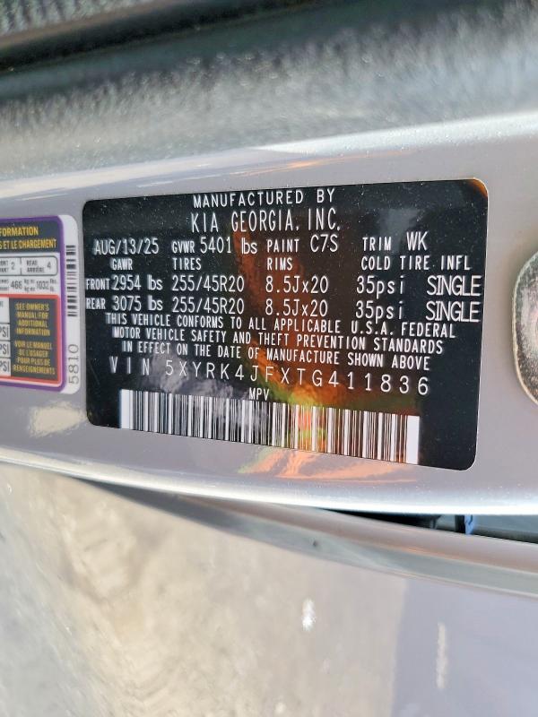 Aukcja sprzedaży 2026 Kia Sorento, vin: 5XYRK4JFXTG411836, numer aukcji: 54910856
