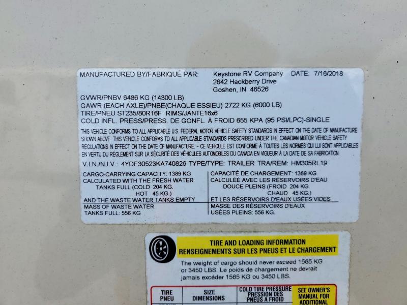 2019 Keystone Rv Montana Fifth Wheel მანქანა იყიდება აუქციონზე, vin: 4YDF30523KA740826, აუქციონის ნომერი: 55113136