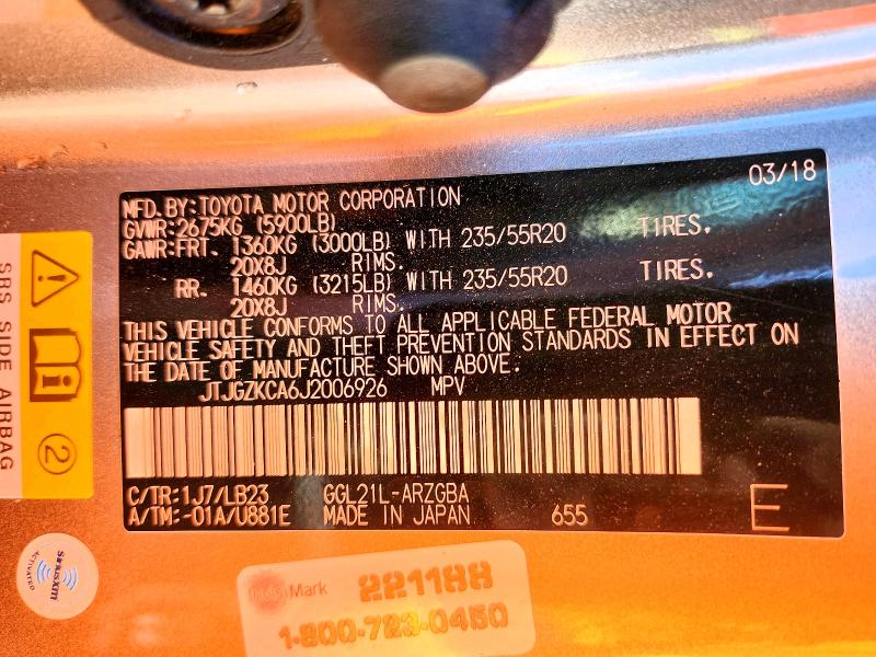Aukcja sprzedaży 2018 Lexus Rx, vin: JTJGZKCA6J2006926, numer aukcji: 52547746