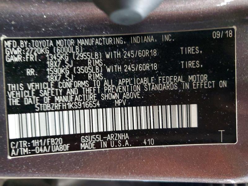 Aukcja sprzedaży 2019 Toyota Highlander, vin: 5TDBZRFH1KS916654, numer aukcji: 54174446