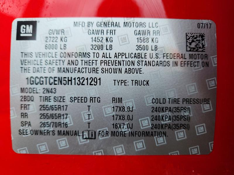 Aukcja sprzedaży 2017 Chevrolet Colorado, vin: 1GCGTCEN5H1321291, numer aukcji: 52736586