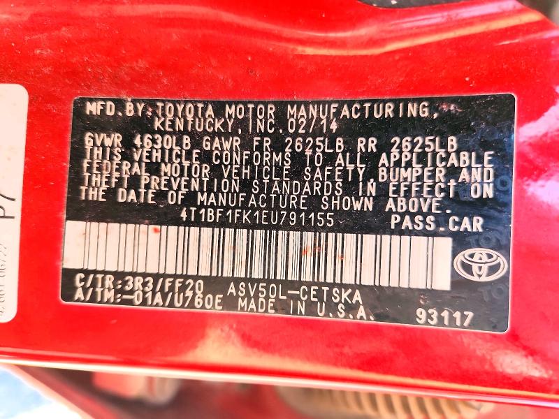2014 Toyota Camry Se/xle მანქანა იყიდება აუქციონზე, vin: 4T1BF1FK1EU791155, აუქციონის ნომერი: 53795546