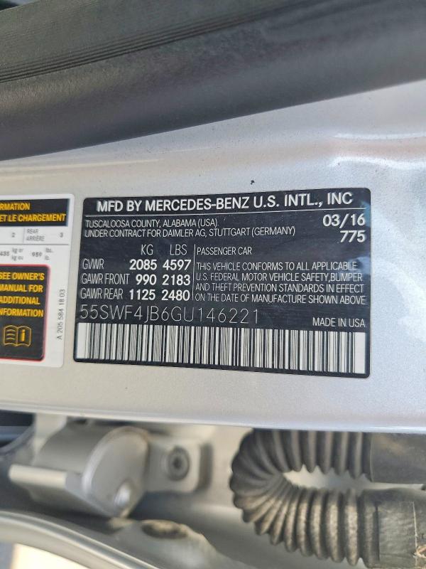 2016 Mercedes-benz C მანქანა იყიდება აუქციონზე, vin: 55SWF4JB6GU146221, აუქციონის ნომერი: 54677136