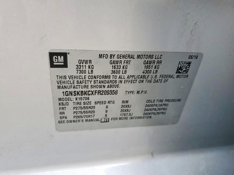 Aukcja sprzedaży 2015 Chevrolet Tahoe, vin: 1GNSKBKCXFR209358, numer aukcji: 54776486