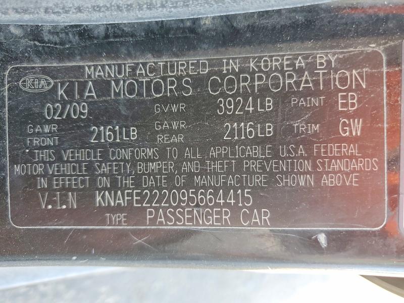 Продаж на аукціоні авто 2009 Kia Spectra, vin: KNAFE222095664415, номер лоту: 53735906