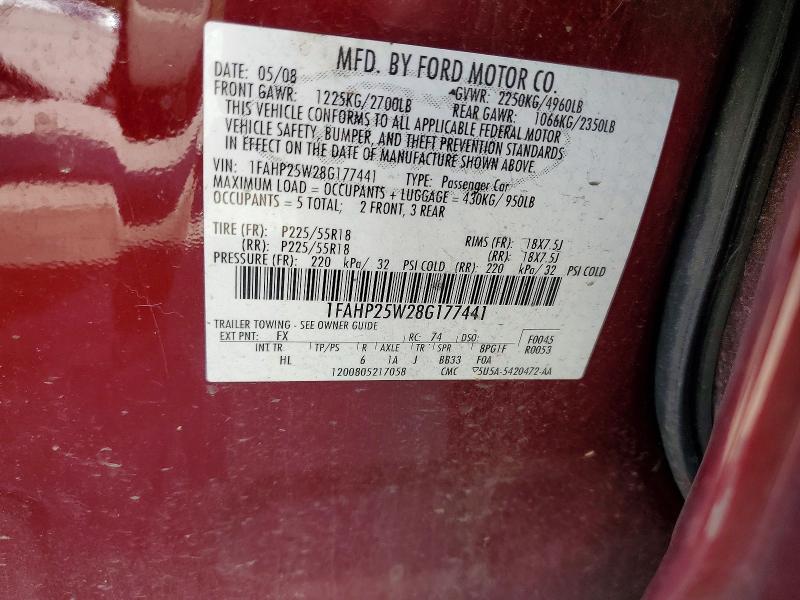 2008 Ford Taurus მანქანა იყიდება აუქციონზე, vin: 1FAHP25W28G177441, აუქციონის ნომერი: 54510986