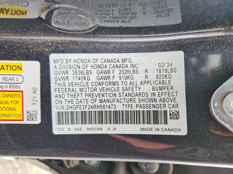2024 Honda Civic მანქანა იყიდება აუქციონზე, vin: 2HGFE2F24RH561473, აუქციონის ნომერი: 52251616