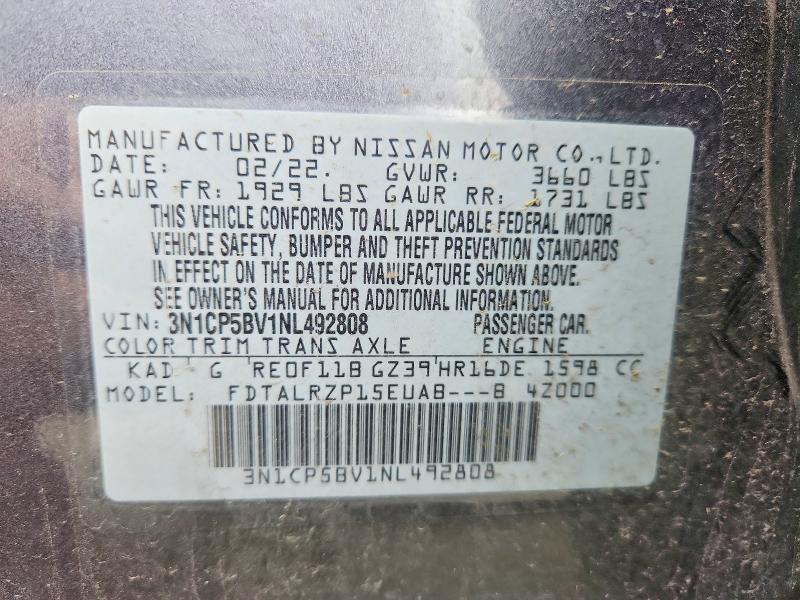 Aukcja sprzedaży 2022 Nissan Kicks, vin: 3N1CP5BV1NL492808, numer aukcji: 52587216