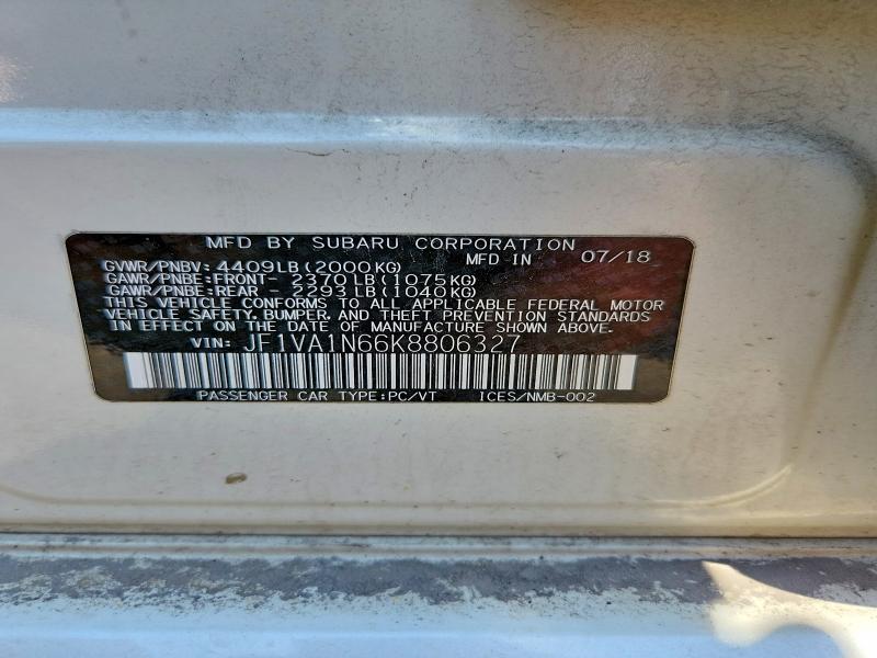 2019 Subaru Wrx მანქანა იყიდება აუქციონზე, vin: JF1VA1N66K8806327, აუქციონის ნომერი: 52581636