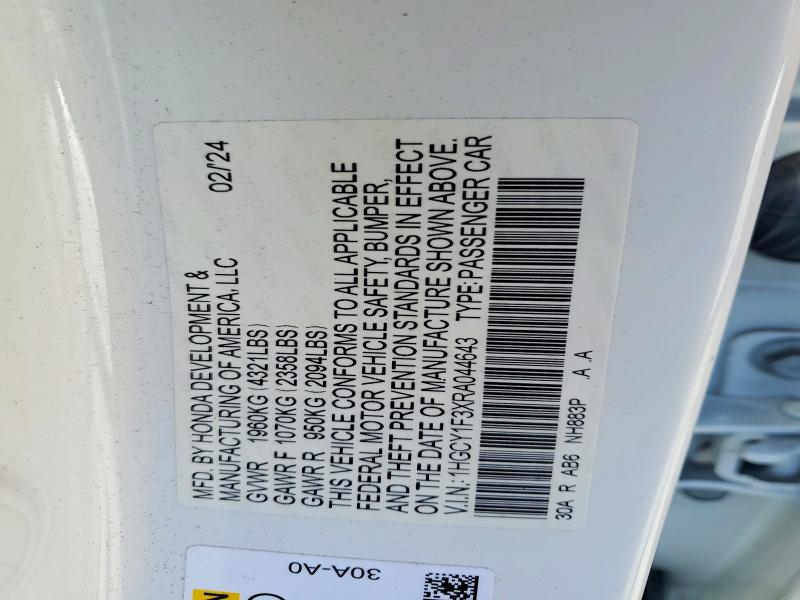 52421016 :رقم المزاد ، 1HGCY1F3XRA044643 vin ، 2024 Honda Accord مزاد بيع