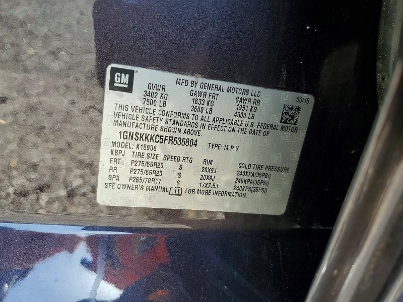 Продаж на аукціоні авто 2015 Chevrolet Suburban, vin: 1GNSKKKC5FR636804, номер лоту: 53078626