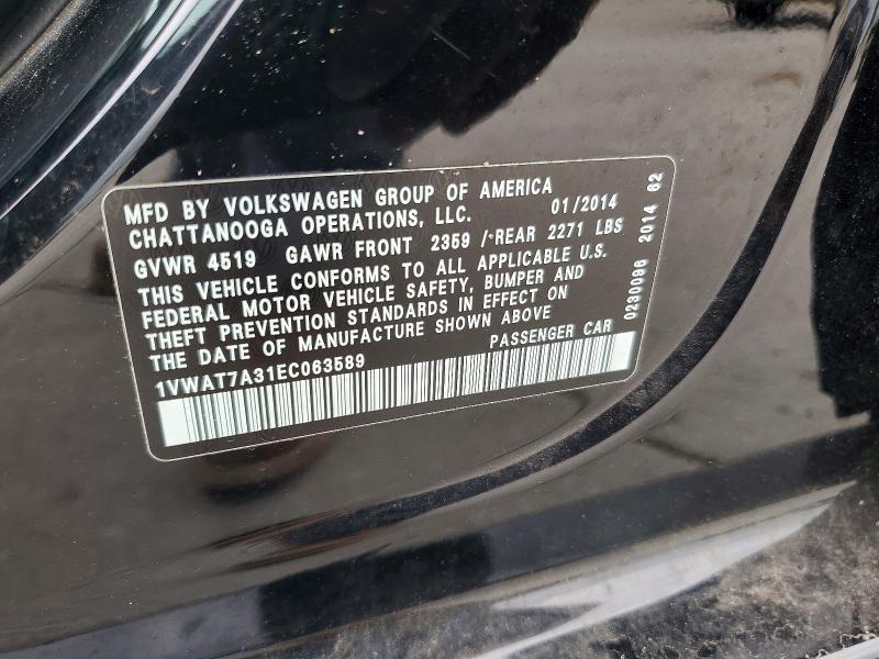 2014 Volkswagen Passat მანქანა იყიდება აუქციონზე, vin: 1VWAT7A31EC063589, აუქციონის ნომერი: 54453286