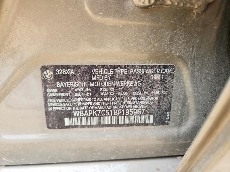 2011 Bmw 328 მანქანა იყიდება აუქციონზე, vin: WBAPK7C51BF195967, აუქციონის ნომერი: 51852186
