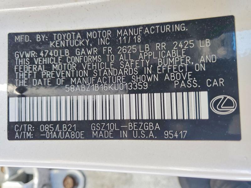Aukcja sprzedaży 2019 Lexus Es, vin: 58ABZ1B16KU013359, numer aukcji: 52868296