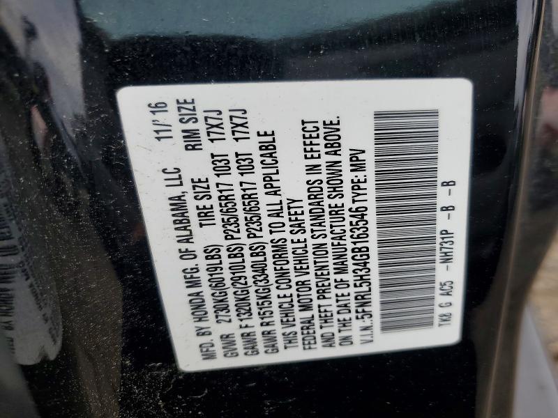 52951606 :رقم المزاد ، 5FNRL5H34GB163546 vin ، 2016 Honda Odyssey مزاد بيع