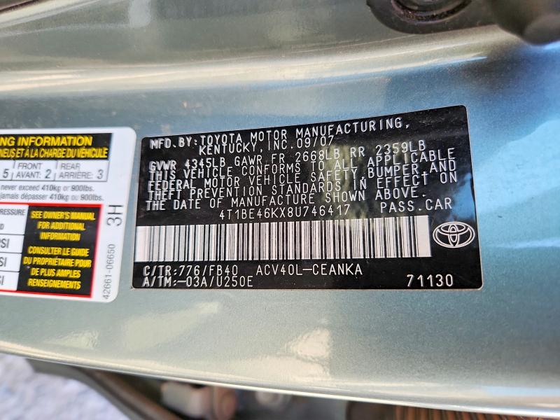 Продаж на аукціоні авто 2008 Toyota Camry, vin: 4T1BE46KX8U746417, номер лоту: 55115166