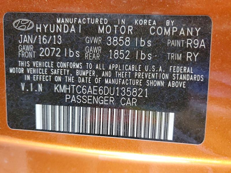2013 Hyundai Veloster მანქანა იყიდება აუქციონზე, vin: KMHTC6AE6DU135821, აუქციონის ნომერი: 52011176