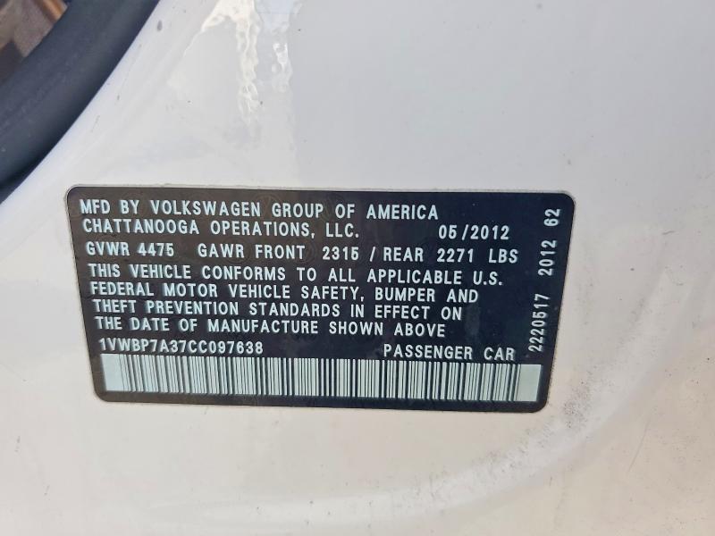 2012 Volkswagen Passat მანქანა იყიდება აუქციონზე, vin: 1VWBP7A37CC097638, აუქციონის ნომერი: 52871676