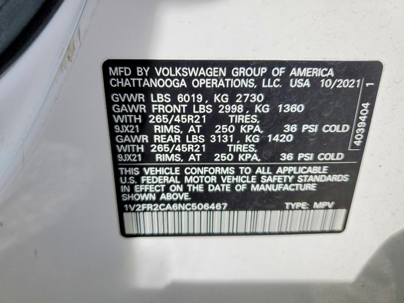 Продаж на аукціоні авто 2022 Volkswagen Atlas, vin: 1V2FR2CA6NC506467, номер лоту: 53344586