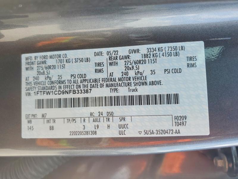 Aukcja sprzedaży 2022 Ford F150, vin: 1FTFW1CD9NFB33387, numer aukcji: 51346726