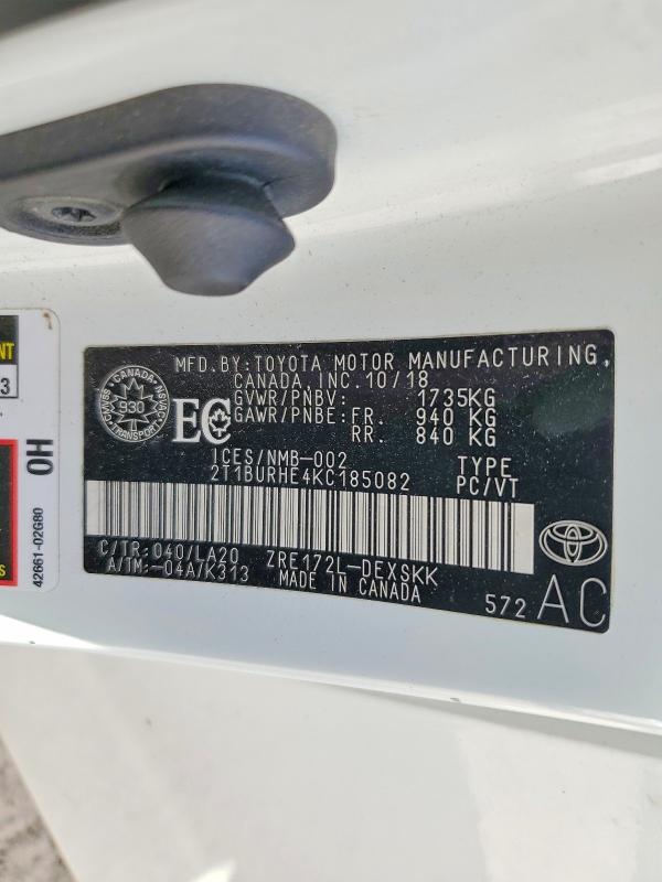 Продаж на аукціоні авто 2019 Toyota Corolla, vin: 2T1BURHE4KC185082, номер лоту: 53188506